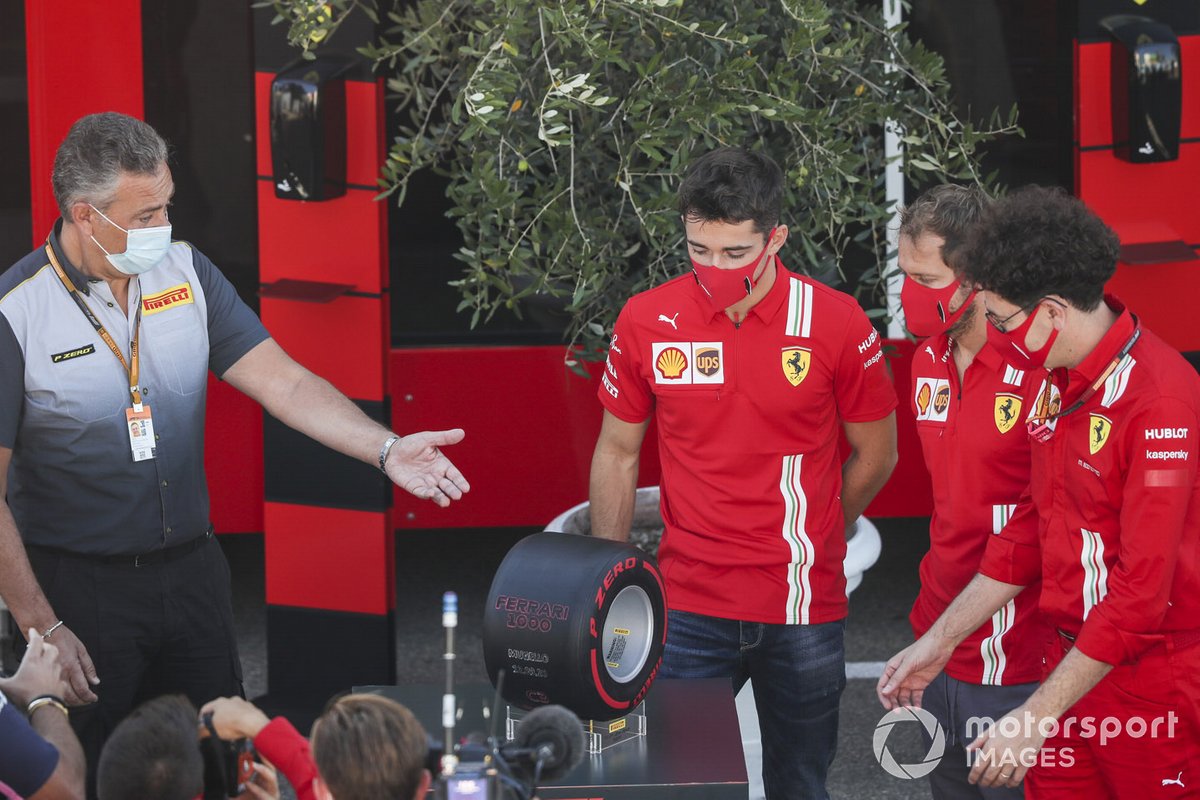 Mario Isola, Racing Manager, Pirelli Motorsport, Charles Leclerc, Ferrari, Sebastian Vettel, Ferrari and Mattia Binotto, Team Principal Ferrari with the Pirelli Pole Postion Award for Ferrari 1000th Race