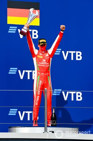 Race Winner Mick Schumacher, Prema Racing celebrates on the podium with the trophy  