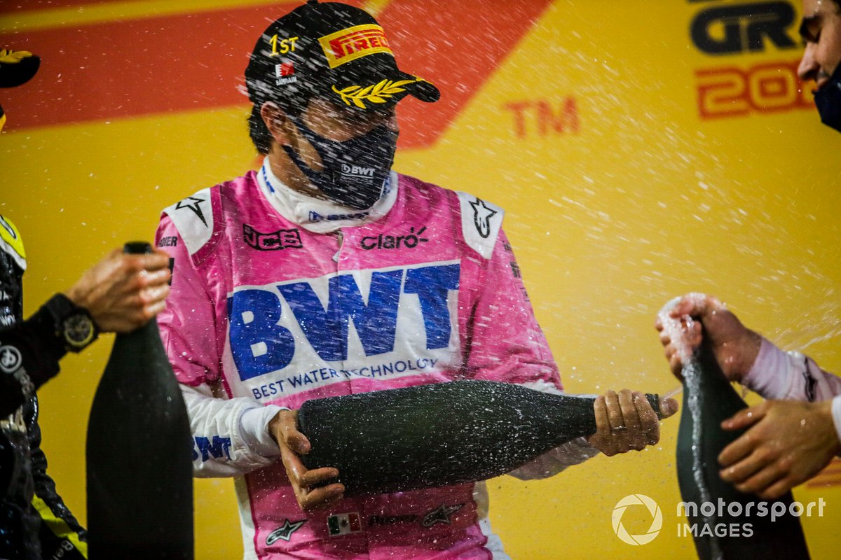Sergio Perez, Racing Point festeggia la vittoria sul podio