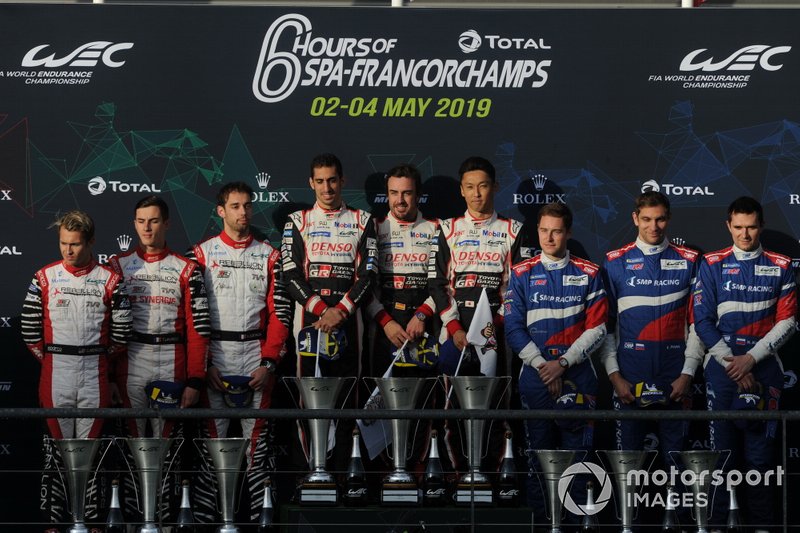 P1 Podio, #3 Rebellion Racing Rebellion R-13 - Gibson: Nathanael Berthon, Thomas Laurent, Gustavo Menezes, #8 Toyota Gazoo Racing Toyota TS050: Sébastien Buemi, Kazuki Nakajima, Fernando Alonso and #11 SMP Racing BR Engineering BR1: Mikhail Aleshin, Vitaly Petrov, Stoffel Vandoorne