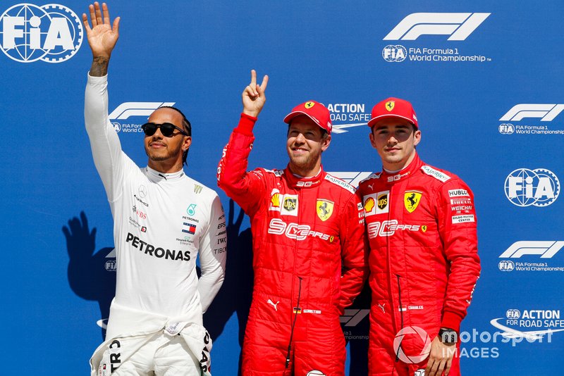 Top three Qualifiers Lewis Hamilton, Mercedes AMG F1, pole man Sebastian Vettel, Ferrari, and Charles Leclerc, Ferrari