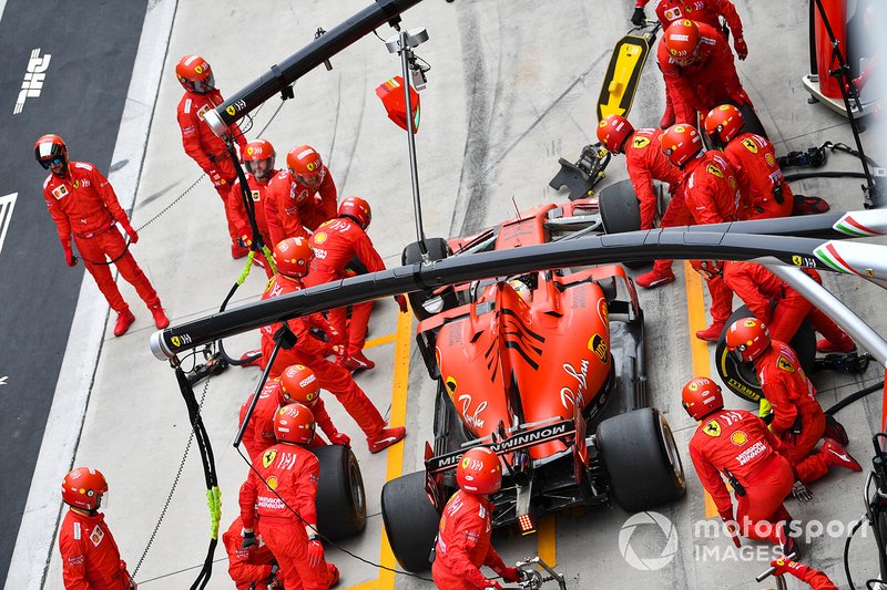 Sebastian Vettel, Ferrari SF90, makes a stop
