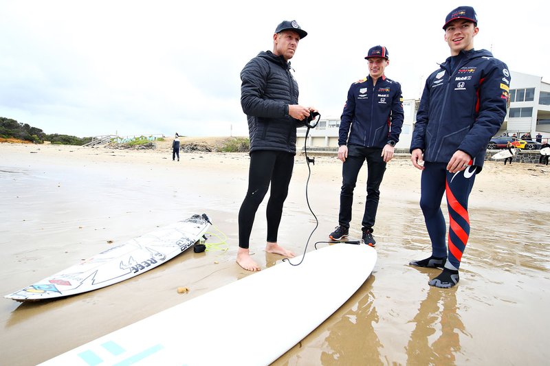 Max Verstappen, Red Bull Racing and Pierre Gasly, Red Bull Racing prepare to go surfing with surf legend Mick Fanning