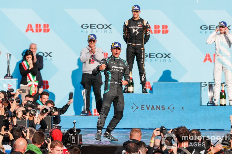 Mitch Evans, Panasonic Jaguar Racing, 1st position, celebrates his maiden victory on the podium
