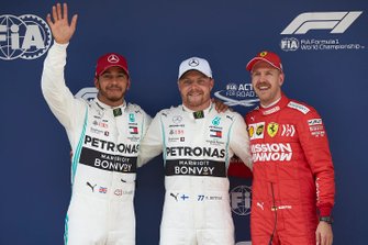 Lewis Hamilton, Mercedes AMG F1, poleman Valtteri Bottas, Mercedes AMG F1, en Sebastian Vettel, Ferrari