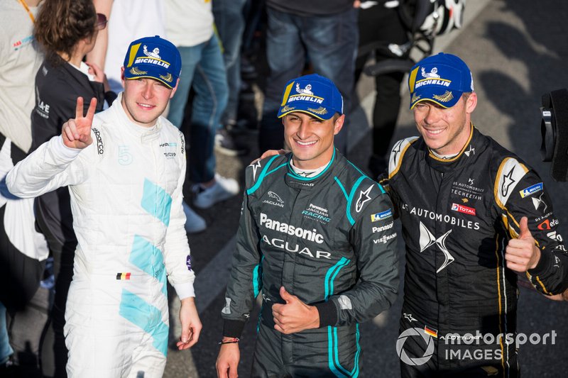 Mitch Evans, Panasonic Jaguar Racing, festeggia con Andre Lotterer, DS TECHEETAH, Stoffel Vandoorne, HWA Racelab 