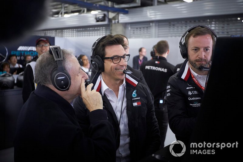 Jean Todt, President, FIA, and Toto Wolff, Executive Director (Business), Mercedes AMG, in the Mercedes garage
