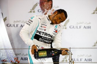 Lewis Hamilton, Mercedes AMG F1, 1st position, sprays the Champagne