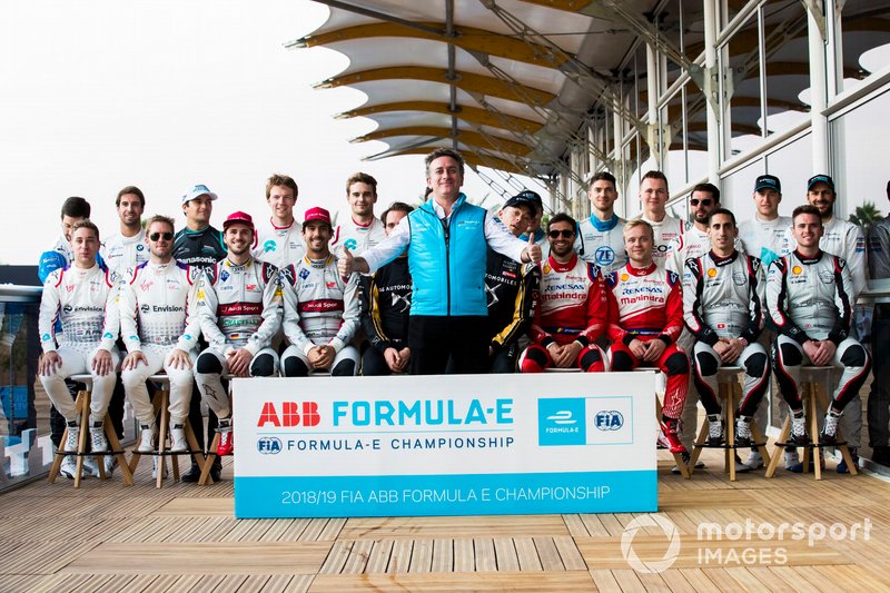 Alejandro Agag, CEO, Formula E with the 2018/19 season drivers