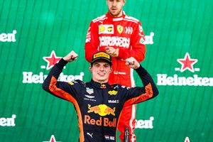 Max Verstappen, Red Bull Racing, 1st position, celebrates on the podium