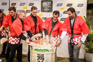 François Ribeiro, WTCR Eurosport, Tiago Monteiro, Boutsen Ginion Racing Honda Civic Type R TCR, Kevin Ceccon, Team Mulsanne Alfa Romeo Giulietta TCR, Mehdi Bennani, Sébastien Loeb Racing Volkswagen Golf GTI TCR at the Sake ceremony