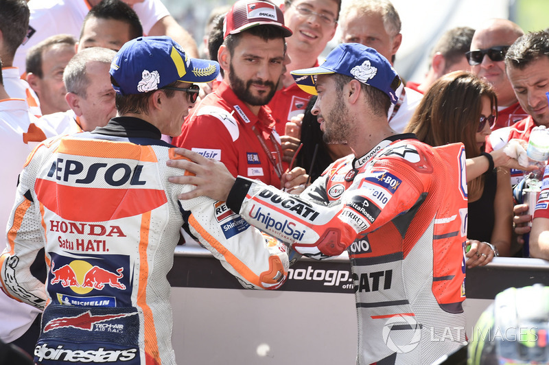 Segundo clasificado Marc Marquez, Repsol Honda Team, tercer clasificado Andrea Dovizioso, Ducati Team