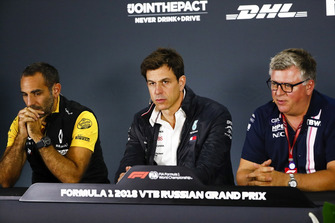 Cyril Abiteboul, Managing Director, Renault Sport F1 Team, Toto Wolff, Mercedes AMG F1 Director of Motorsport, and Otmar Szafnauer, Racing Point Force India Team Principal, in a press conference