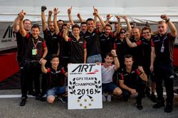 The ART Grand Prix team celebrate winning the 2016 GP3 Series team championship with drivers Charles Leclerc, ART Grand Prix; Nirei Fukuzumi, ART Grand Prix; Alexander Albon, ART Grand Prix and Nyck De Vries, ART Grand Prix
