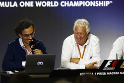 Laurent Mekies, F1 Deputy Race Director, FIA, Charlie Whiting, FIA Race Director and Matteo Bonciani, Head of FIA Communications and Media Delegate, host a press conference about the introduction of the halo