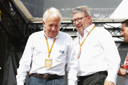 Charlie Whiting, FIA Race Director, Ross Brawn, Managing Director of Motorsports, FOM, on stage