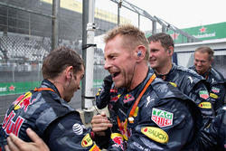 The Red Bull Racing team celebrate the third place finish of Max Verstappen, Red Bull Racing