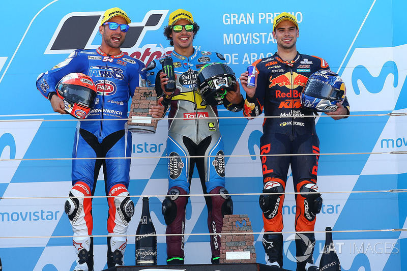 Ganador, Franco Morbidelli, Marc VDS, segundo, Mattia Pasini, Italtrans Racing Team, tercero, Miguel