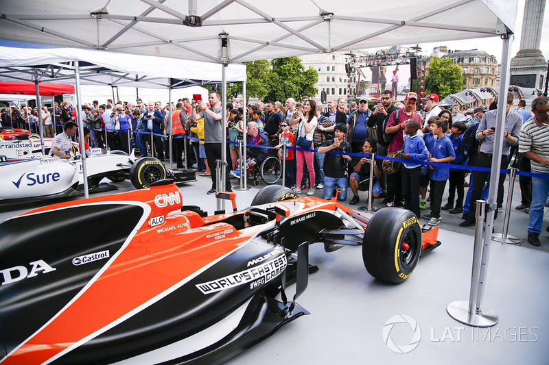 The McLaren MCL32 on display on the teams stand