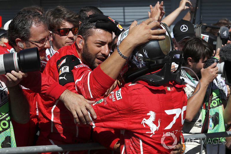 Sebastian Vettel, Ferrari celebrates in parc ferme, the team