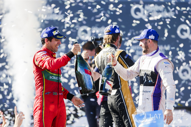 Lucas di Grassi, ABT Schaeffler Audi Sport, and Jose Maria Lopez, DS Virgin Racing, celebrate on the podiu