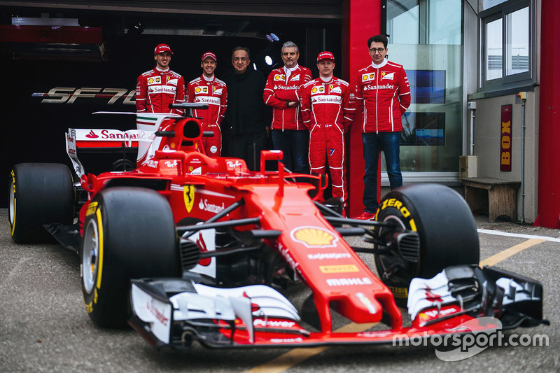 Kimi Raikkonen, Sebastian Vettel, Antonio Giovinazzi, Maurizio Arrivabene, Team Principal Ferrari, Sergio Marchionne, Président de Ferrari et de Fiat Chrysler Automobiles et Mattia Binotto, Directeur technique Ferrari