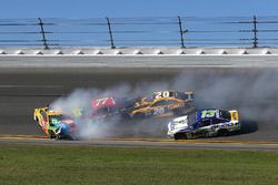 Kyle Busch, Joe Gibbs Racing Toyota, Erik Jones, Furniture Row Racing Toyota, Matt Kenseth, Joe Gibbs Racing Toyota, Ty Dillon, Germain Racing Chevrolet, are involved in an on-track incident