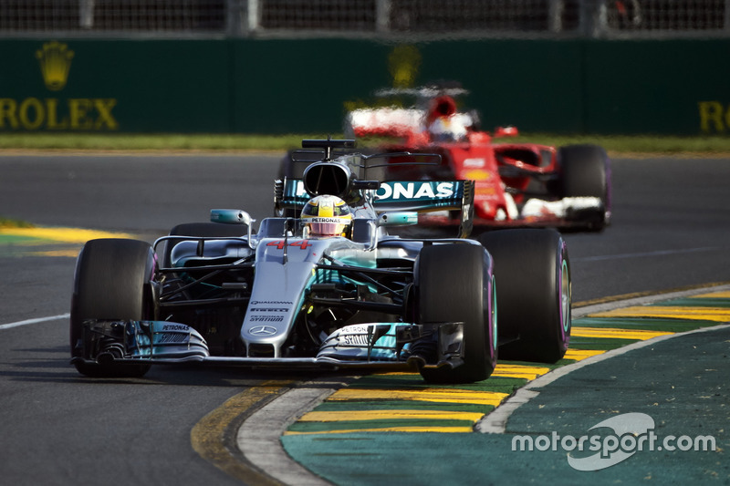 Lewis Hamilton, Mercedes AMG F1 W08, leads Sebastian Vettel, Ferrari SF70H