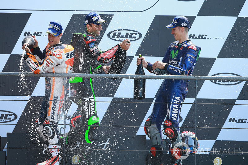 Podium: winner Maverick Viñales, Yamaha Factory Racing, second place Johann Zarco, Monster Yamaha Tech 3, third place Dani Pedrosa, Repsol Honda Team