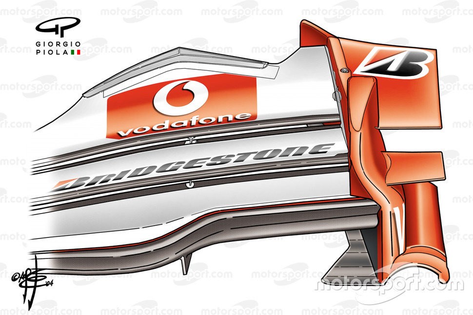 Ferrari F2004 (655) 2004, vista frontale della piastra terminale dell'ala anteriore