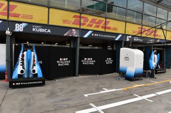 Bodywork outside of the Robert Kubica, Williams Racing, and George Russell garages