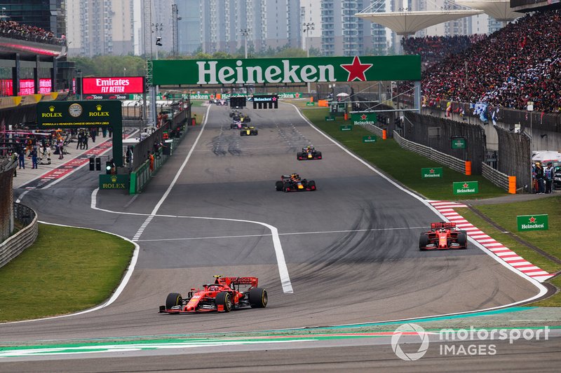 Charles Leclerc, Ferrari SF90, leads Sebastian Vettel, Ferrari SF90