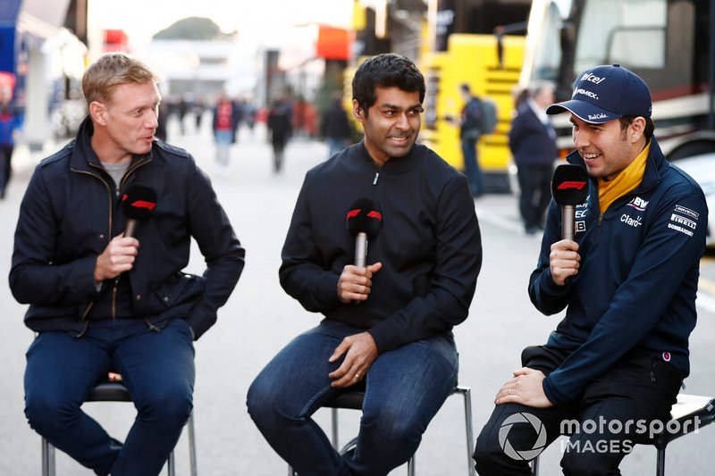 Simon Lazenby, Sky TV, Karun Chandhok, Sky TV y Sergio Pérez, SportPesa Racing Point F1 Team