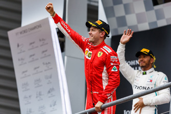Sebastian Vettel, Ferrari celebrates on the podium