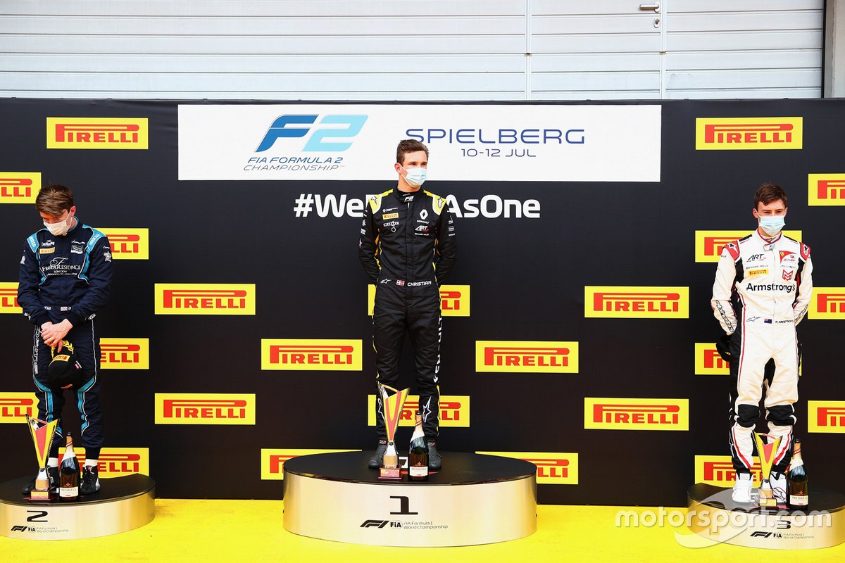 Podium: Race winner Christian Lundgaard,  ART Grand Prix, second place Dan Ticktum,  DAMS, third place Marcus Armstrong,  
 ART Grand Prix