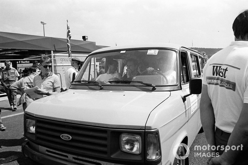 Nelson Piquet,  drives the van with F1 drivers to inspect the crumbling track