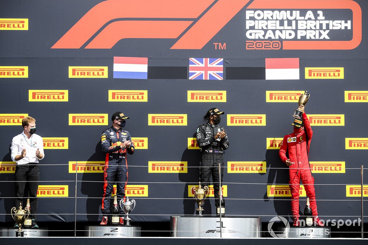 Max Verstappen, Red Bull Racing, Race Winner Lewis Hamilton, Mercedes-AMG F1 and Charles Leclerc, Ferrari  celebrate on the podium