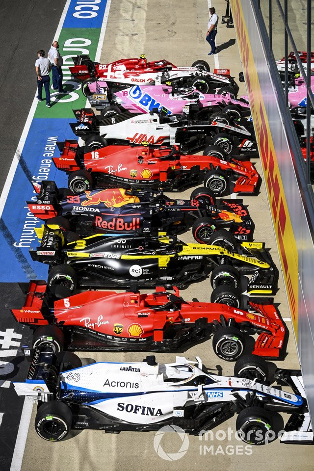 The cars of George Russell, Williams FW43, Sebastian Vettel, Ferrari SF1000, Daniel Ricciardo, Renault F1 Team R.S.20, Max Verstappen, Red Bull Racing RB16, Charles Leclerc, Ferrari SF1000, Romain Grosjean, Haas VF-20, Lance Stroll, Racing Point RP20, and Antonio Giovinazzi, Alfa Romeo Racing C39, in Parc Ferme