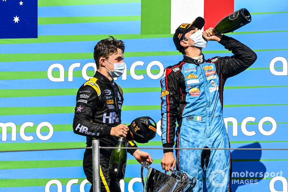 Race Winner Oscar Piastri, Prema Racing And Matteo Nannini, Jenzer Motorsport on the podium