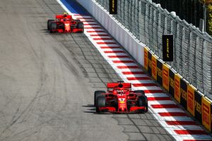 Sebastian Vettel, Ferrari SF71H, leads Kimi Raikkonen, Ferrari SF71H