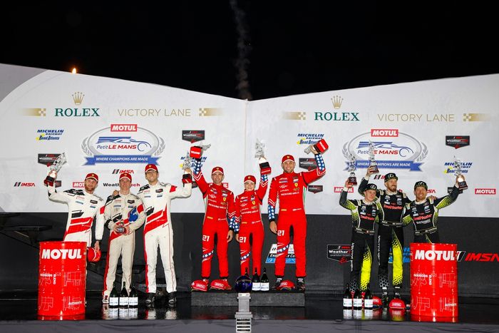 #21 AF Corse Ferrari 296 GT3: Simon Mann, Lilou Wadoux Ducellier, Alessandro Pier Guidi, #023 Triarsi Competizione Ferrari 296 GT3: Onofrio Triarsi, Kenton Koch, James Calado, #12 Vasser Sullivan Racing Lexus RC F GT3: Jack Hawksworth, Parker Thompson, Fr