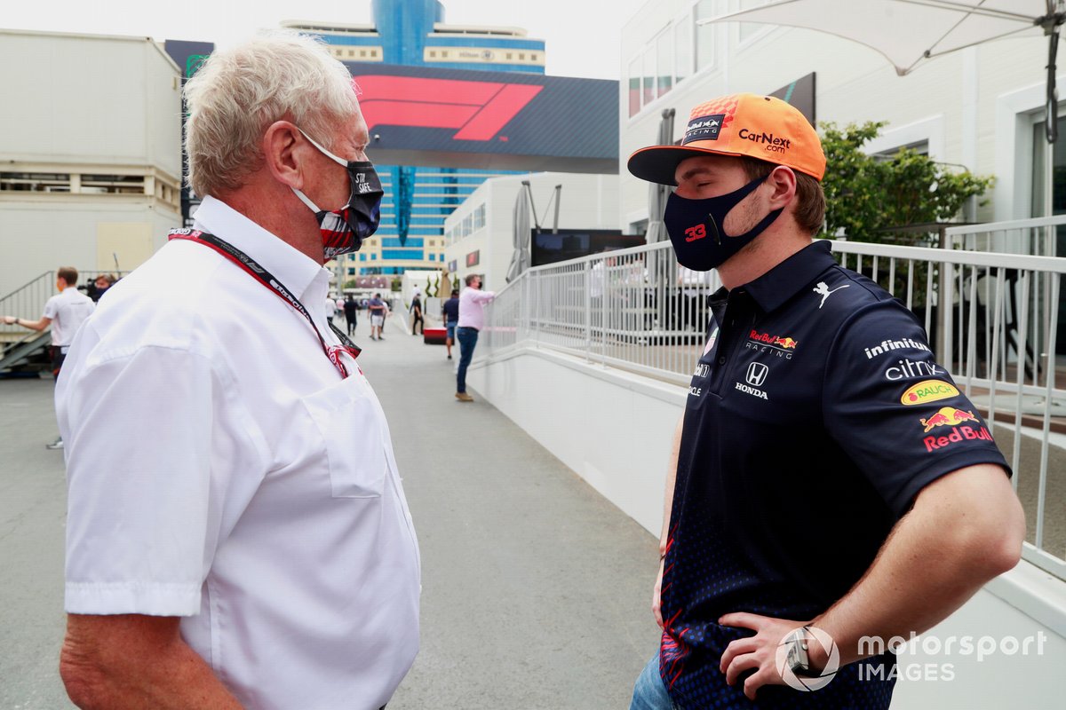 Helmut Marko, Consultant, Red Bull Racing, talks with Max Verstappen, Red Bull Racing 