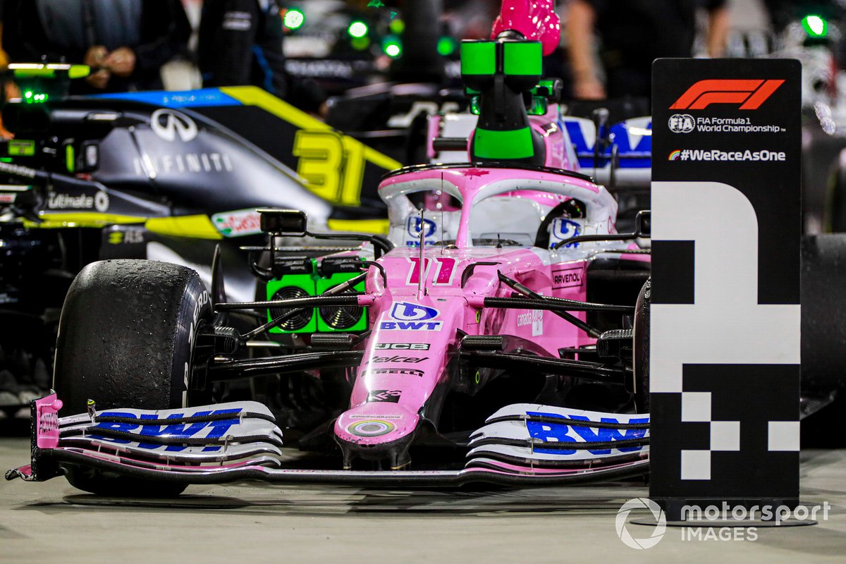 El monoplaza de Sergio Pérez, Racing Point RP20, 1ª posición, en Parc Ferme