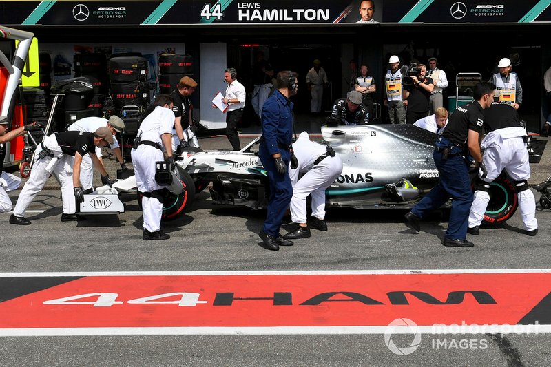 Lewis Hamilton, Mercedes AMG F1 W10, in the pit lane during Qualifying