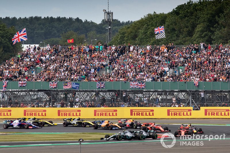 Valtteri Bottas, Mercedes AMG W10, leads Lewis Hamilton, Mercedes AMG F1 W10, and Charles Leclerc, Ferrari SF90, at the start of the race