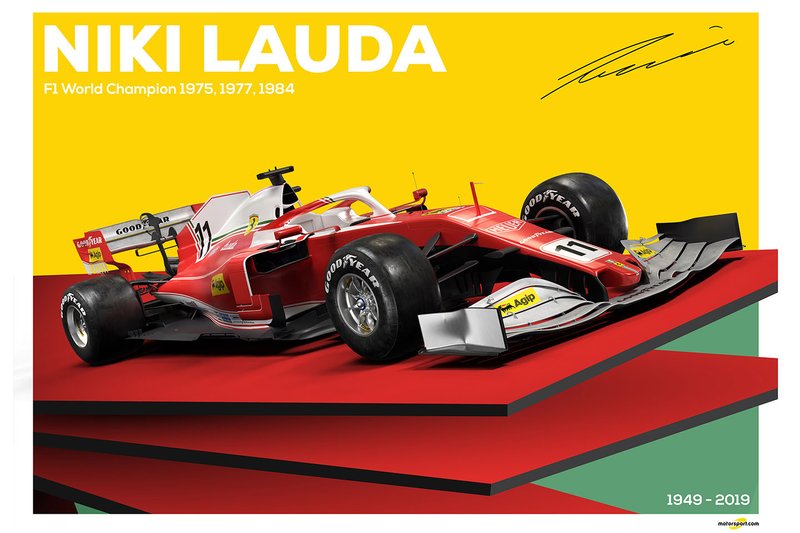 Póster homenaje de Niki Lauda con el Ferrari SF90 2019 con una decoración clásica.