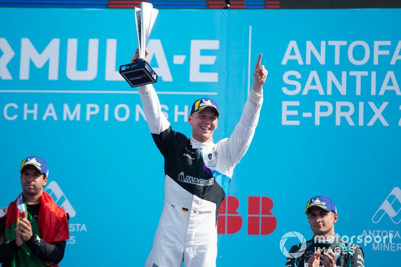 Race winner Maximilian Günther, BMW I Andretti Motorsports celebrates on the podium with Antonio Felix da Costa, DS Techeetah, 2nd position, Mitch Evans, Jaguar Racing, 3rd position