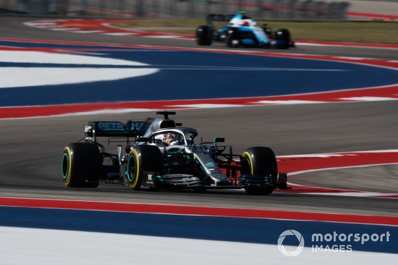 Lewis Hamilton, Mercedes AMG F1 W10, leads Nicholas Latifi, Williams FW42