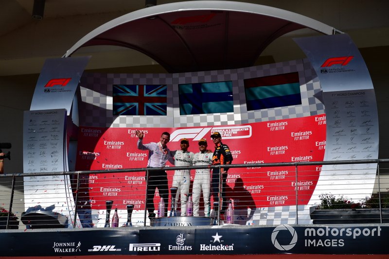 James Allison, Technical Director, Mercedes AMG, Lewis Hamilton, Mercedes AMG F1, 2nd position, Valtteri Bottas, Mercedes AMG F1, 1st position, and Max Verstappen, Red Bull Racing, 3rd position, on the podium