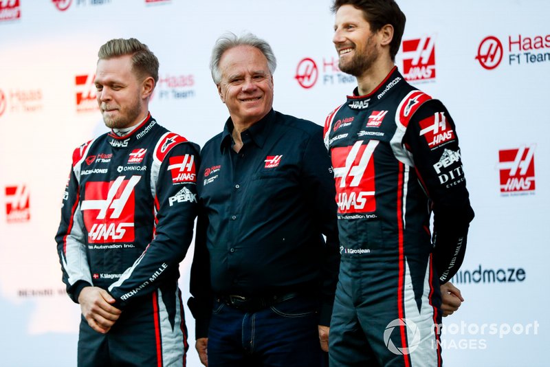 Romain Grosjean, Haas F1 Team, Gene Haas, Owner and Founder, Haas F1 Team and Kevin Magnussen, Haas F1 Team at the unveiling of the Haas VF-20